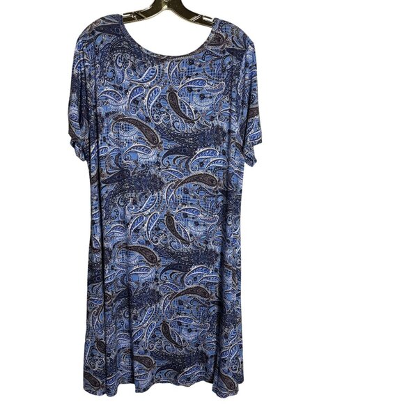 Dusdimon Womens 3XL Paisley Blue Swing Dress Short Sleeve Scoop Neck - Picture 2 of 7